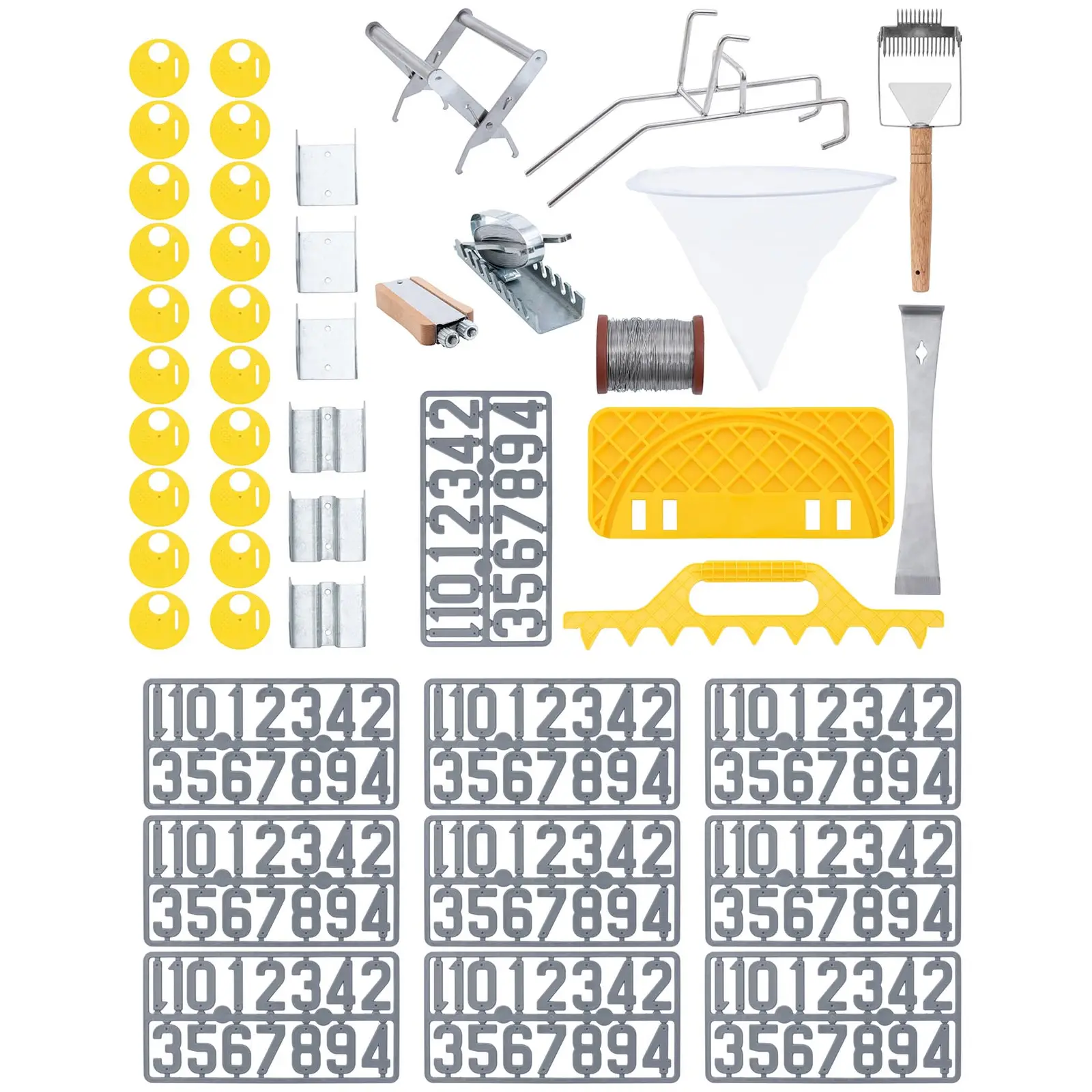Kit de apicultura - 45 piezas - cincel de colmena - alambre de panal - tensor - correa para transporte - cifras - soporte para cubo - desoperculador